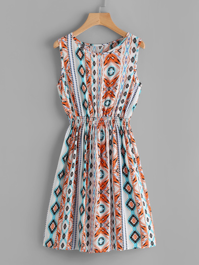Aztec Print Elastic Waist Swing Dress