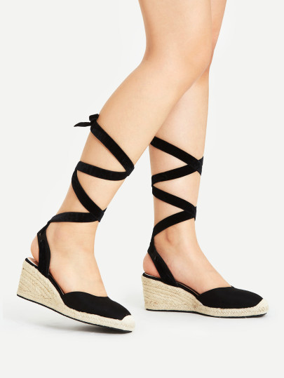 Cap Toe Tie Leg Woven Wedges