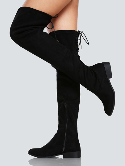 Faux Suede Back Lace Up Thigh High Boot BLACK