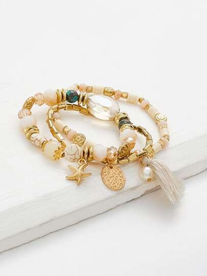 Tassel & Starfish Design Beaded Bracelet Set