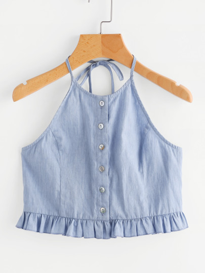 Button Placket Frilled Hem Chambray Halter Top