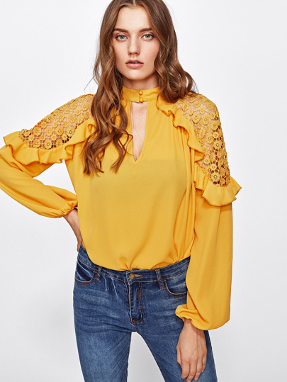 Keyhole Front Frill Trim Crochet Shoulder Blouse