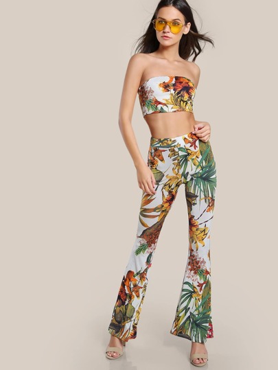 Floral Print Bandeau & Matching Pants Set IVORY