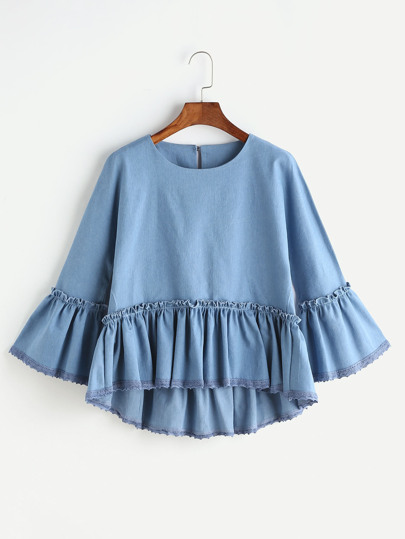 Top en jeans asymétrique bleu avec manche cloche et garniture ruché