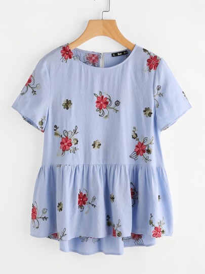 Flower Embroidered Keyhole Back Smock Top