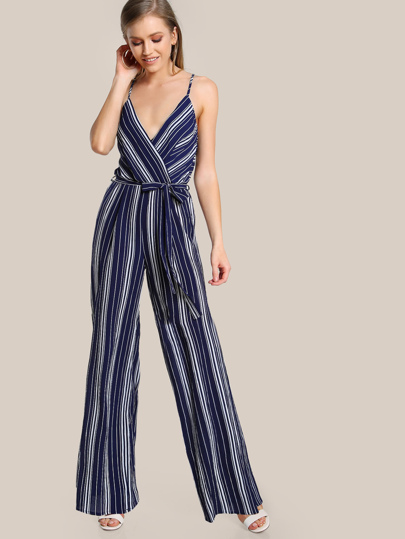 Surplice Front Self Belt Wide Leg Cami Jumpsuit