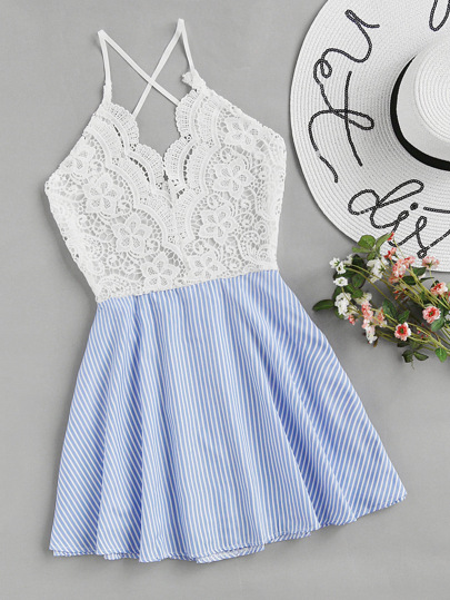 Open Back Criss Cross Striped Lace Panel Dress