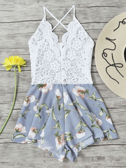 Lace Panel Floral Print Criss Cross Backless Romper