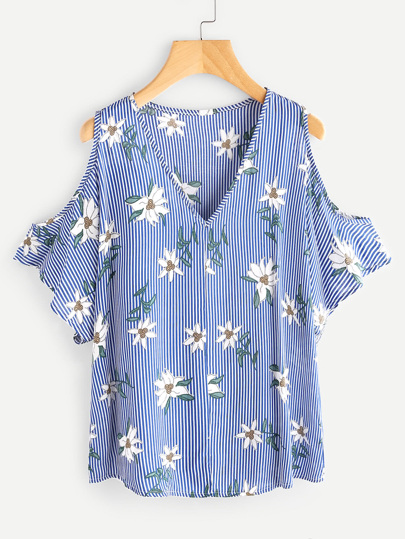 V Neckline Open Shoulder Vertical Striped Florals Top