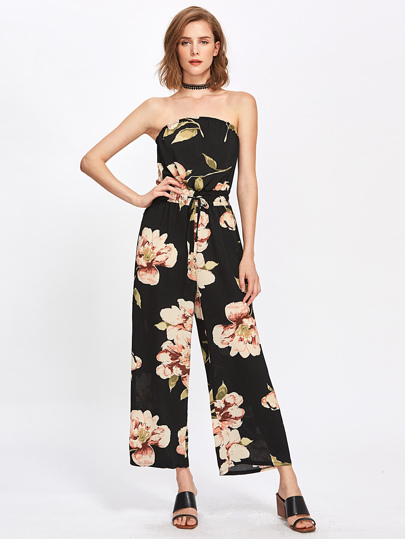 Random Florals Drawstring Waist Bandeau Jumpsuit