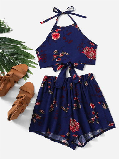 Floral Print Bow Tie Open Back Top With Shorts