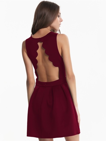 Scalloped Trim Backless Pleated Dress