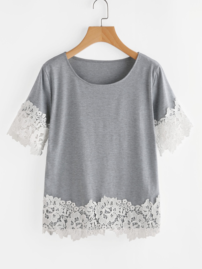 Contrast Crochet Trim Marled Tee