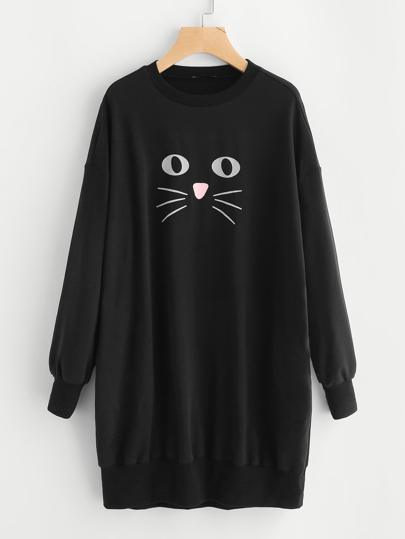 Vestido con estampado de gato de hombro caído