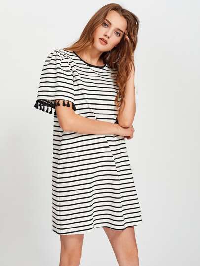 Tassel Trim Striped Boxy Tee Dress