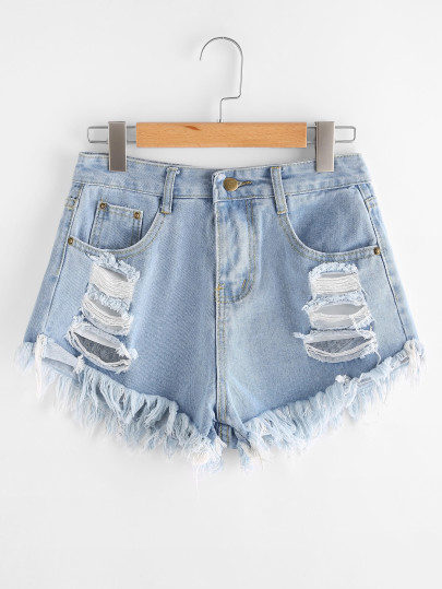Destroyed Fray Hem Denim Shorts
