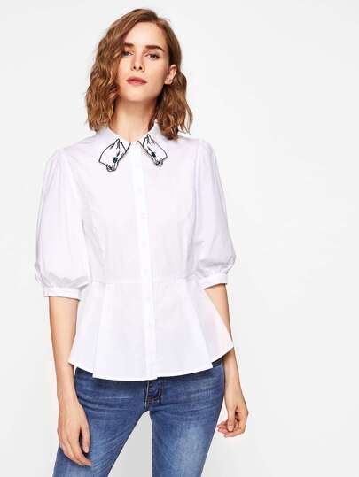 Blouse trompette manche lanterne brodée