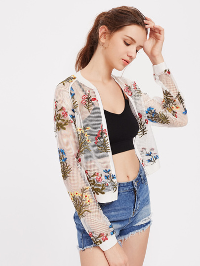 Botanical Embroidered Raglan Sleeve Fishnet Bomber Jacket