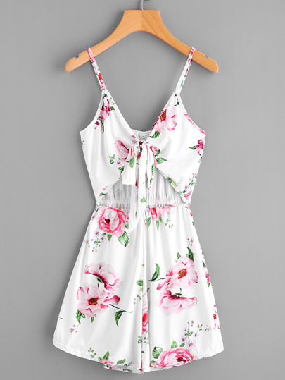 Floral Print Random Cut Out Knot Front Romper