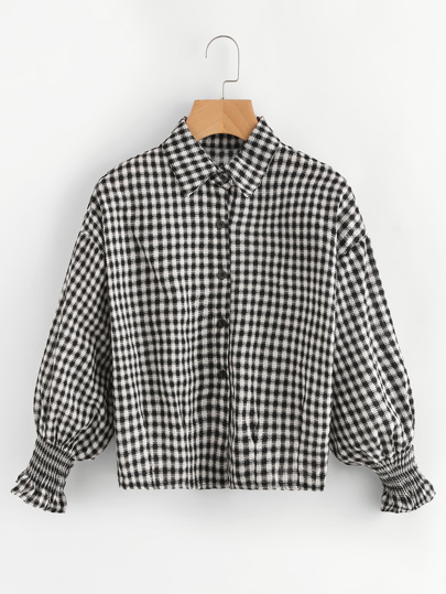 Lantern Sleeve Shirred Cuff Gingham Shirt