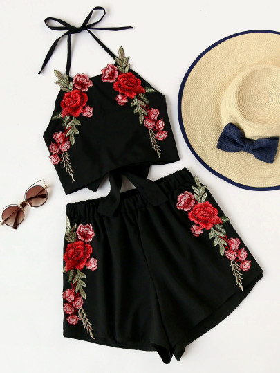 Розовый вышивка Bow Tie Open Back Top и Shorts Set