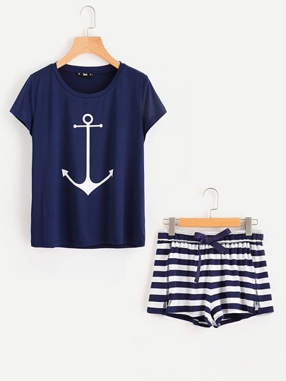 Anchor Print Tee And Striped Shorts Pajama Set