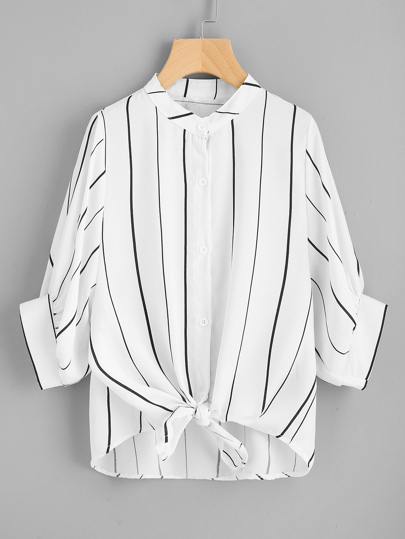 Bluse mit vertikalem Streifen,Knoten vorn und abfallendem Saum