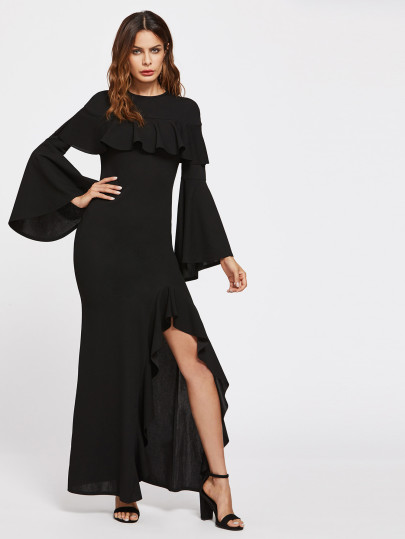 Trumpet Sleeve Flounce Trim Slit Front Dress