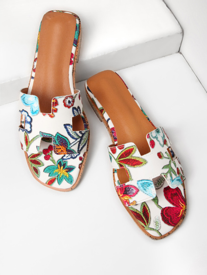 Flower Embroidery PU Slippers
