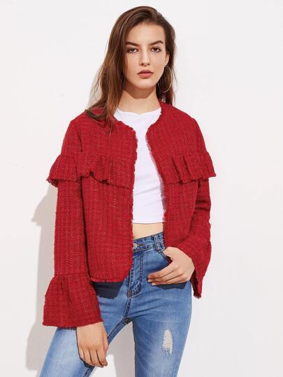Blouson manche papillon lacéré à volants en tweed