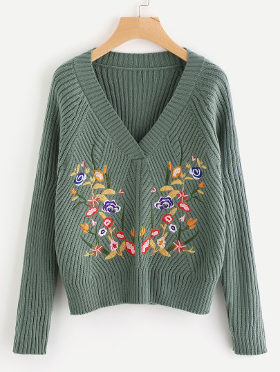 Pull-over manche raglan côtelé brodé