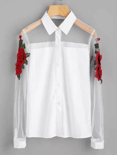 3D Embroidered Appliques Mesh Panel Shirt