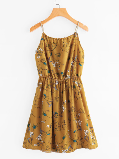 Braided Bead Strap Tie Floral Print Random Dress