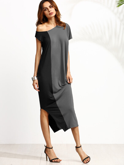 Two Tone Oblique Shoulder Split Dress