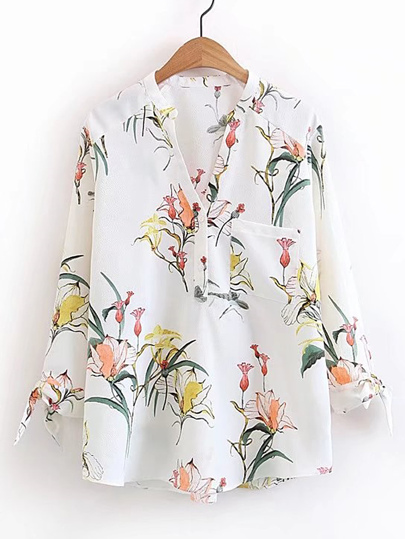 Floral Print Knot Cuff Blouse