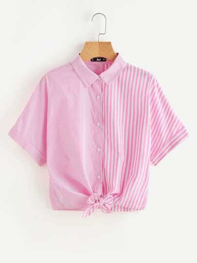 Knot Front Mixed Striped Shirt