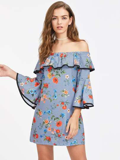 Kleid mit Falten, mehrlagiger Flötehülse und Pflanzenmuster