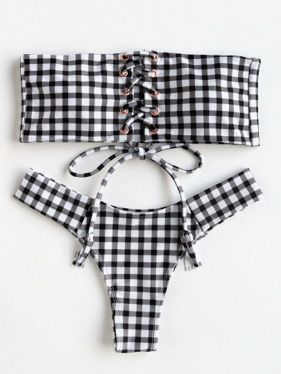 Lace Up Gingham Print Bandeau Bikini Set