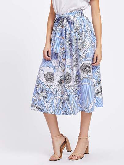 Flower Striped Button Up Volume Skirt