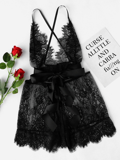 See-Through Floral Eyelash Lace Romper With Ribbon