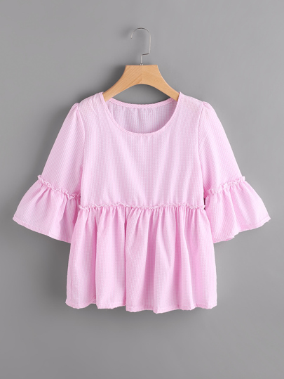 Fluted Sleeve Gingham Smock Blouse