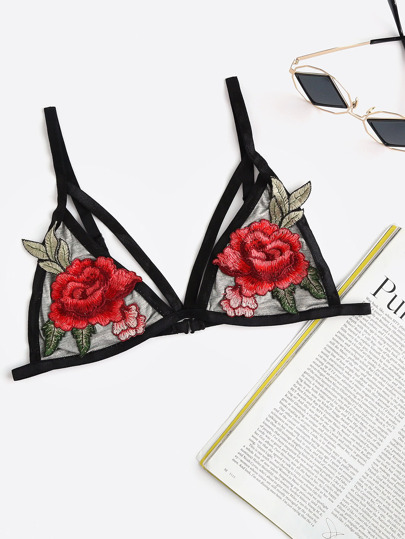 Contrast Trim Embroidered Appliques Strappy Bra