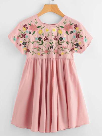Flower Embroidered Tie Up V Back Smock Dress