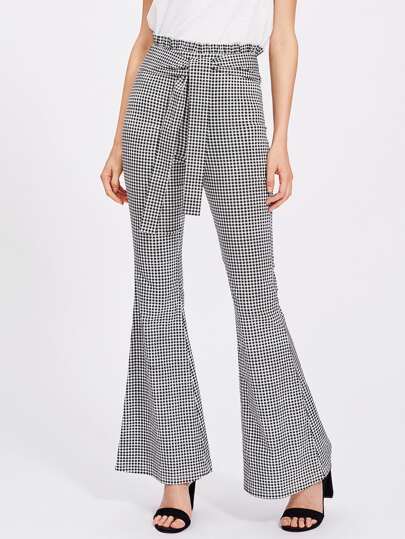 Self Tie Ruffle Waist Gingham Flared Pants