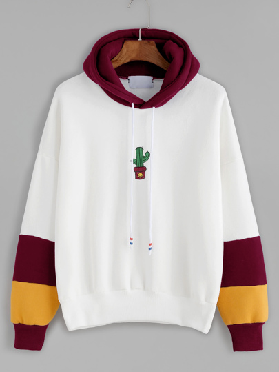 Sweat-shirt à capuche manche contrastée brodé des cactus avec un lacet