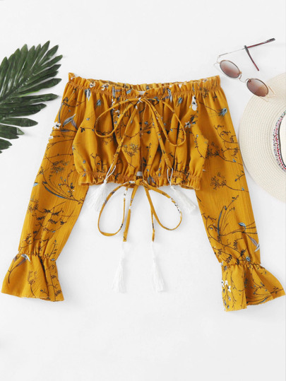 Off Shoulder Drawstring Split Front Crop Blouse