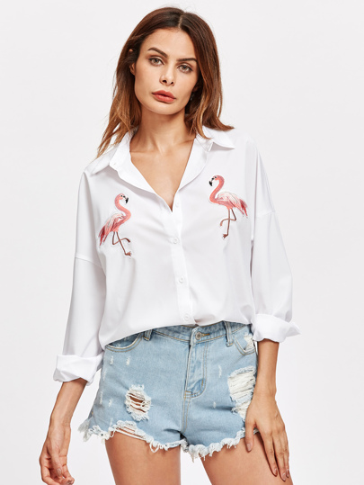 Embroidered Flamingo Patch Dolphin Hem Shirt