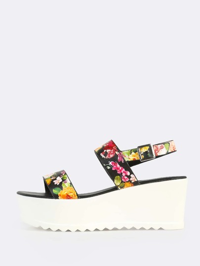 Floral Print Flatform Sandals BLACK