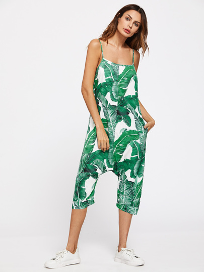 Buttoned Drop Crotch Banana Leaf Print Overall Pants