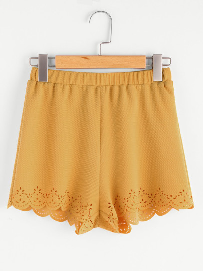 Elastic Waist Textured Laser Cut Scallop Shorts